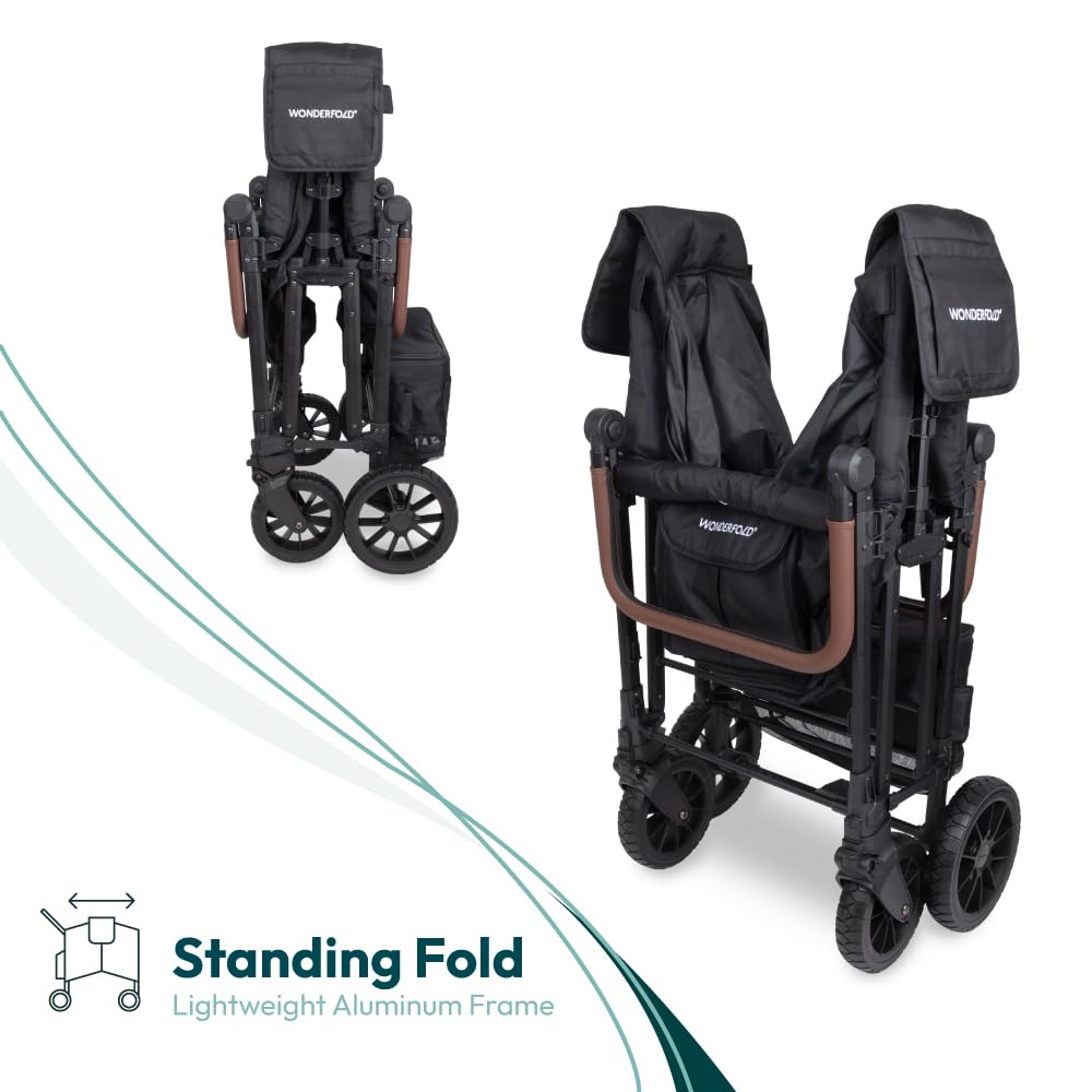 WonderFold W6 Luxe Pro Stroller Wagon - Collapsible Stroller Wagon with Aluminum Frame - Adjustable Canopy & Push Handle - XL All-Terrain Wheels - for Babies, Toddlers & Kids - 6 Seater - Black