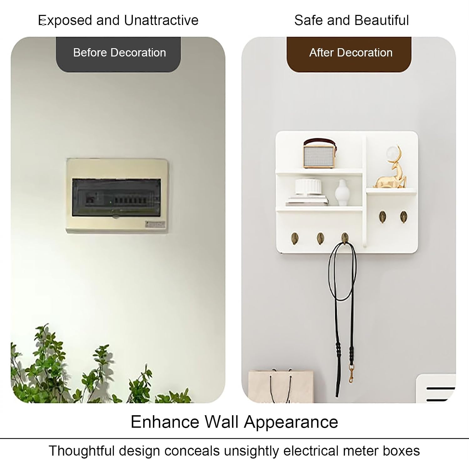 Electric Meter Box Cover Decorative with Shelves & Hooks, Hidden Circuit Breaker Panel, Wooden Decor Cover for Living Room Bedroom Office(White 1,50 * 40cm/19.7 * 15.7in)