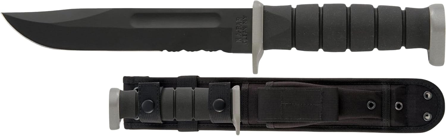 Ka-Bar 1281 KA bar, D2 Fighting/Utility Knife, Serrated, Black Cordura Sheath