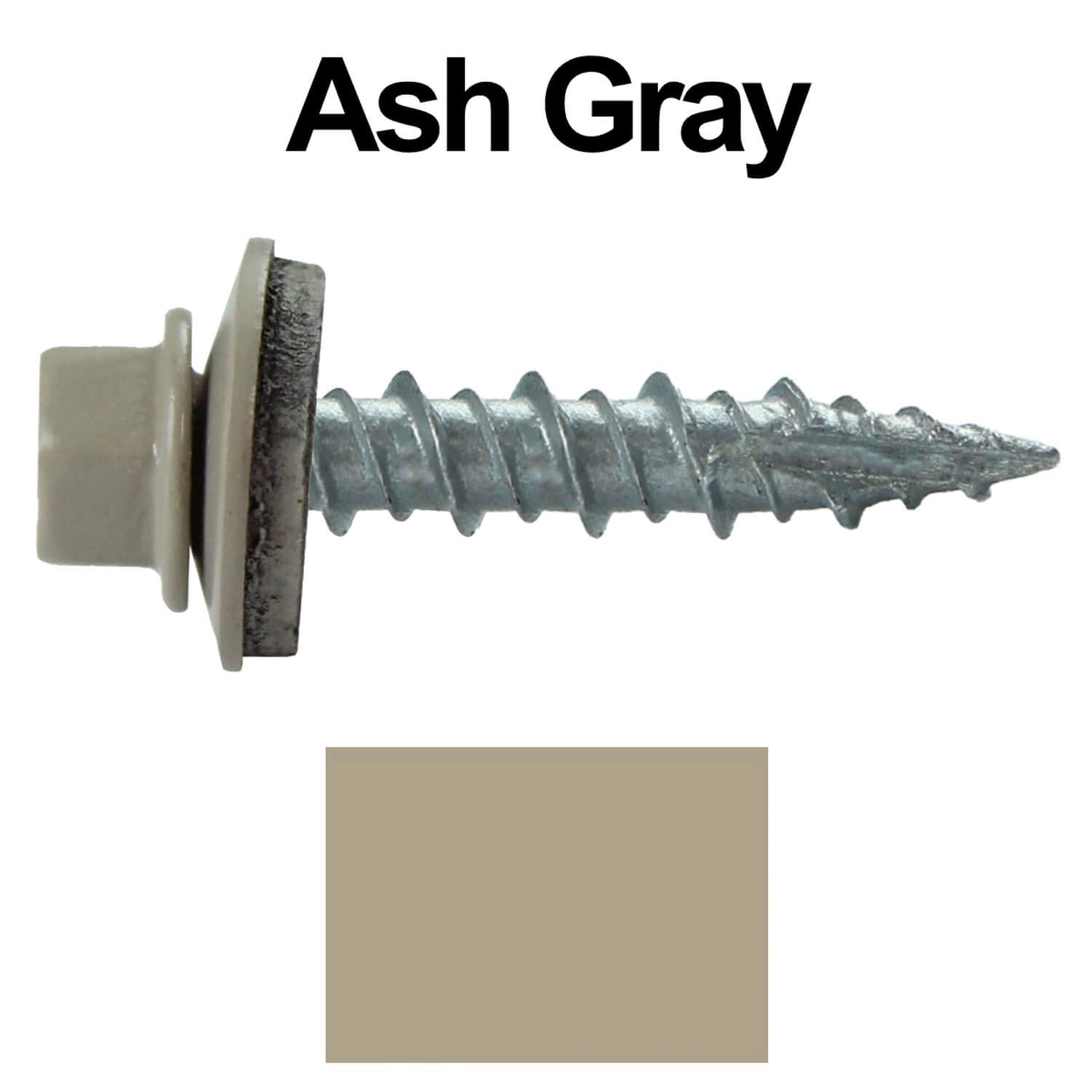 Metal ROOFING SCREWS: (1000) 10 x 1' Ash Gray Hex Head Sheet Metal Roof Screw. Self starting metal to wood siding screws. EPDM washer. Colored head