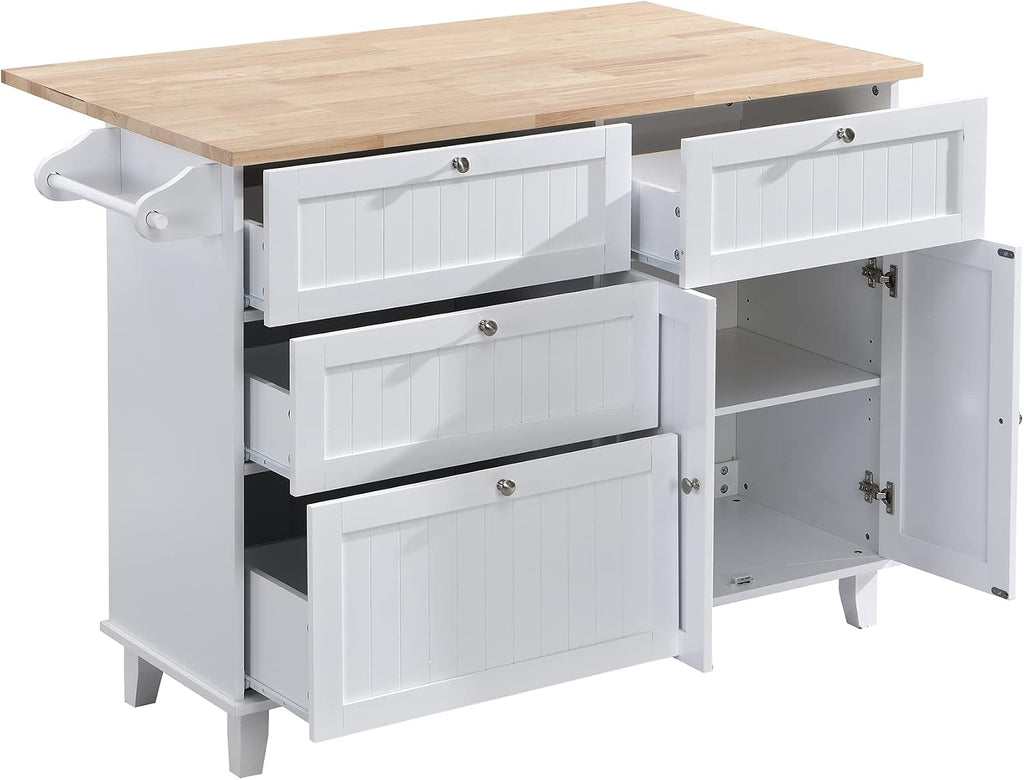 Bellemave Kitchen Island Set with 2 Stools and Drop Leaf 3 Piece Island Table Set Kitchen Bar Table Set with Seating, Storage Cabinet, Drawers and Towel Rack (White+Rustic Brown)