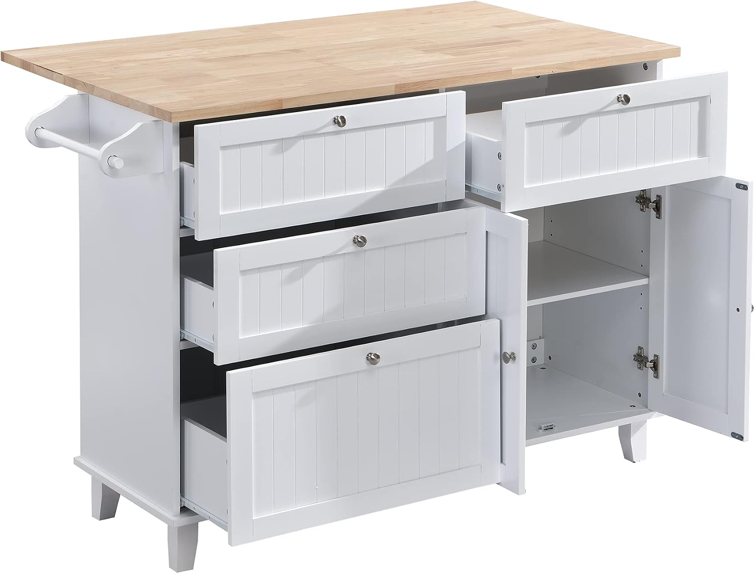 Bellemave Kitchen Island Set with 2 Stools and Drop Leaf 3 Piece Island Table Set Kitchen Bar Table Set with Seating, Storage Cabinet, Drawers and Towel Rack (White+Rustic Brown)