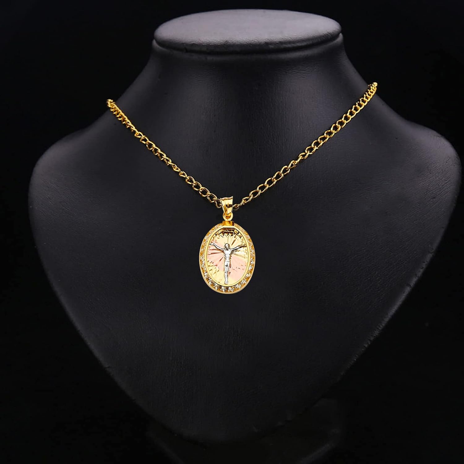 TGDJ 14K Tri Color Gold Jesus Medal Pendant - Crucifix Charm Polish Finish - Handmade Spiritual Symbol - Gold Stamped Fine Jewelry - Great Gift for Men & Women for Occasions, 23 x 15 mm, 1.2 gms