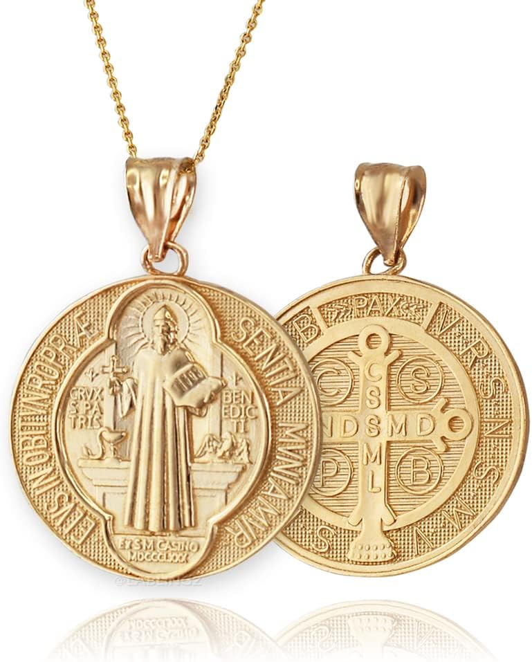 LA BLINGZ 10K Yellow Gold Saint Benedict Medal Reversible Pendant Necklace