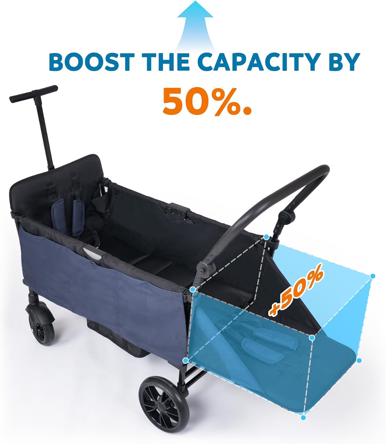 Collapsible Wagon with Canopy and Large Wheels - All-Terrain Heavy Duty Folding Cart for Sports, Shopping, Camping - 400L Capacity, Adjustable Handle, 2 Child Restraints, Blue