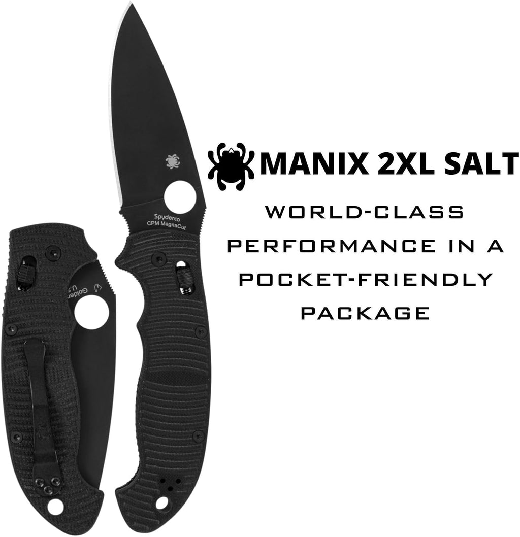 Spyderco Manix 2 XL Salt Folding Knife with 3' Black CPM MagnaCut Steel Blade and G-10 Handle - EDC Knife for Men and Women, Perfect for Hunting, Tactical, Camping, Survival - PlainEdge - C95GMCBKP2