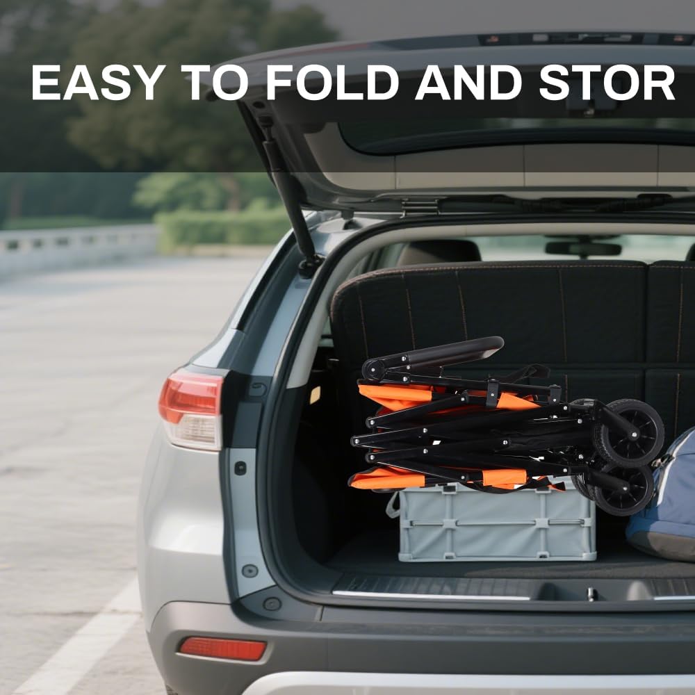 Heavy-Duty Folding Wagon Cart with Canopy, Bench Seat & Storage Compartment for Outdoor Activities, Beach Trips, Camping, Sports Events and Garden Use (Orange + Steel)