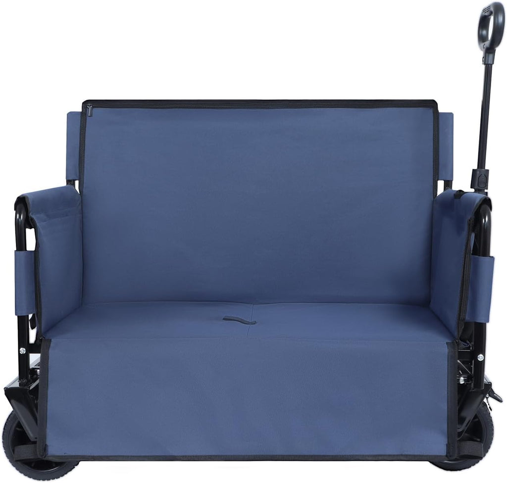 3-in-1 Convertible Folding Wagon Cart with Bench Seat & Storage 500lbs Heavy-Duty Utility Wagon, 180L Capacity All-Terrain Wheels for Camping, Beach, Sports, Garden, Dark Blue Multi-Functional