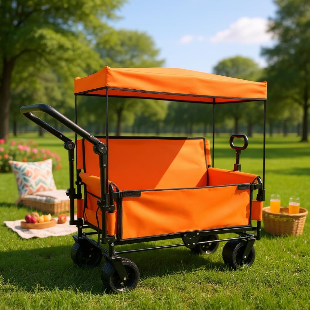 Heavy-Duty Folding Wagon Cart with Canopy, Bench Seat & Storage Compartment for Outdoor Activities, Beach Trips, Camping, Sports Events and Garden Use (Orange + Steel)