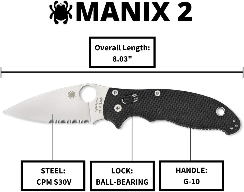 Spyderco Manix 2 Folding Pocket Knife with 3.3' CPM S30V Steel Blade and G-10 Handle - EDC Knife for Men and Women, Perfect for Hunting, Tactical, Camping, Survival - CombinationEdge - C101GPS2