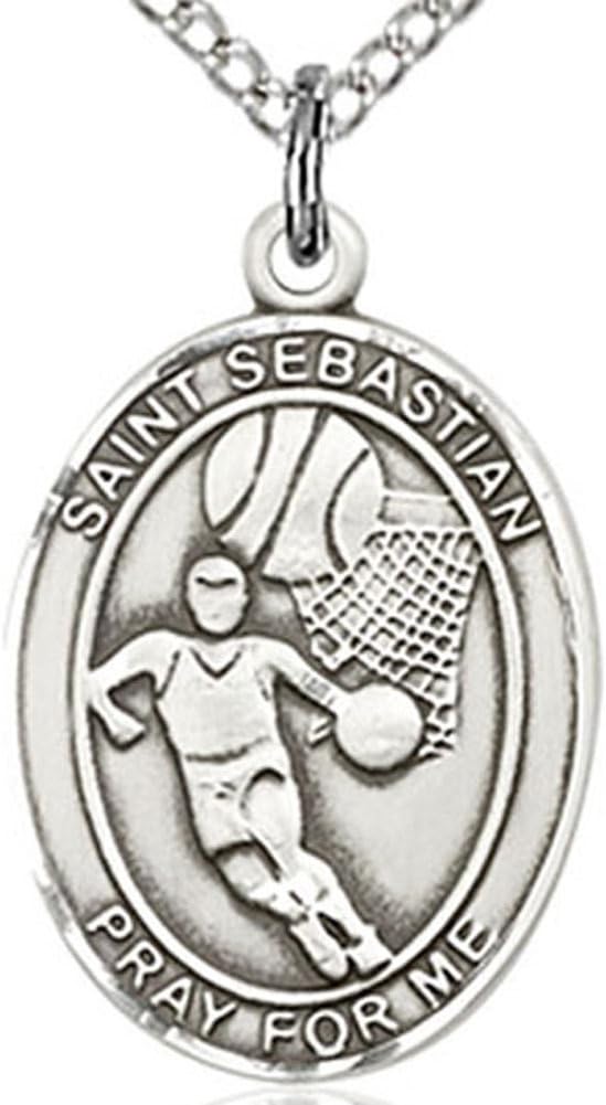 Heartland Store Sterling Silver Saint Sebastian Basketball Oval Medal + 18 Inch Sterling Silver Chain & Clasp| USA Made