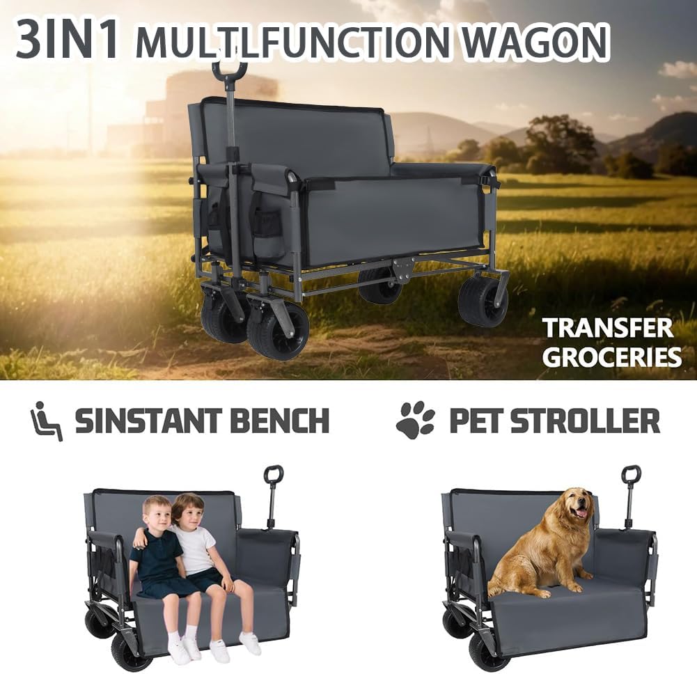 3-in-1 Convertible Folding Wagon Cart with Seat & Storage, 500lbs Heavy-Duty Utility Wagon, 180L Capacity, All-Terrain 360° Swivel Wheels for Camping, Beach, Sports, Garden (Gray)