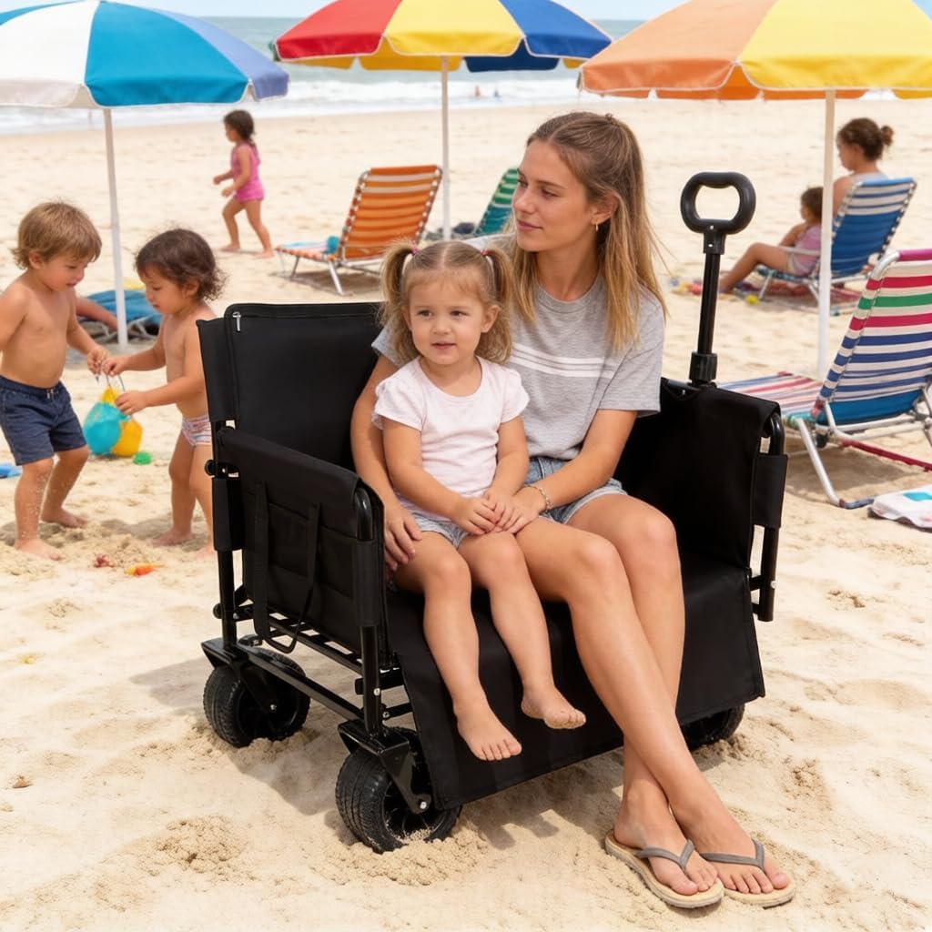 3-in-1 Convertible Folding Wagon Cart with Bench Seat & Storage - 500lbs Heavy-Duty Utility Wagon, 180L Capacity All-Terrain Wheels for Camping, Beach, Sports, Garden (Black)