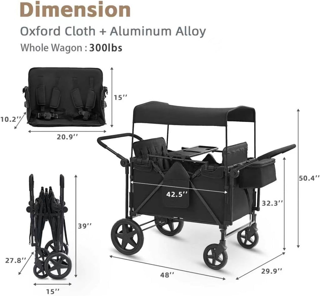 Stroller Wagon for 4 Kids, 4 Seater Wagon Stroller with Convertible Seats Footrests, Snack Tray, Storage Bag, Removable Canopy, Wagon Stroller 4 Seater with Double Push Handle (Black-Convertible)