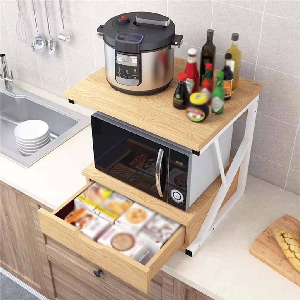 Microwave Shelf,Countertop 2 Tier Wooden Microwave Stand Shelf with Drawer Kitchen Storage Shelf Organizer Rack Home Office Storage Stand Rack for Printer and Microwave(Wood)