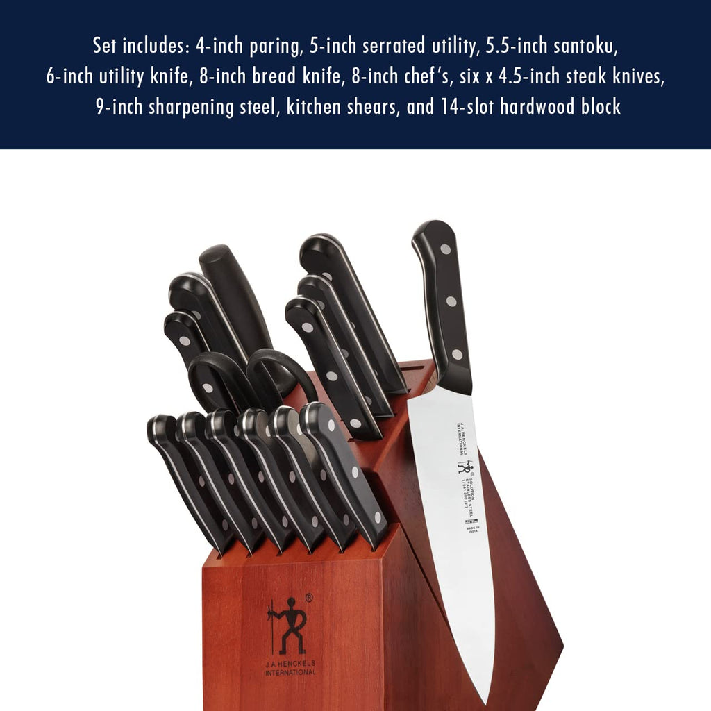 HENCKELS Solution Razor-Sharp 15-pc Knife Set, Chef Knife, Bread Knife, Steak Knife, German Engineered Informed by 100+ Years of Mastery, Black/Stainless Steel
