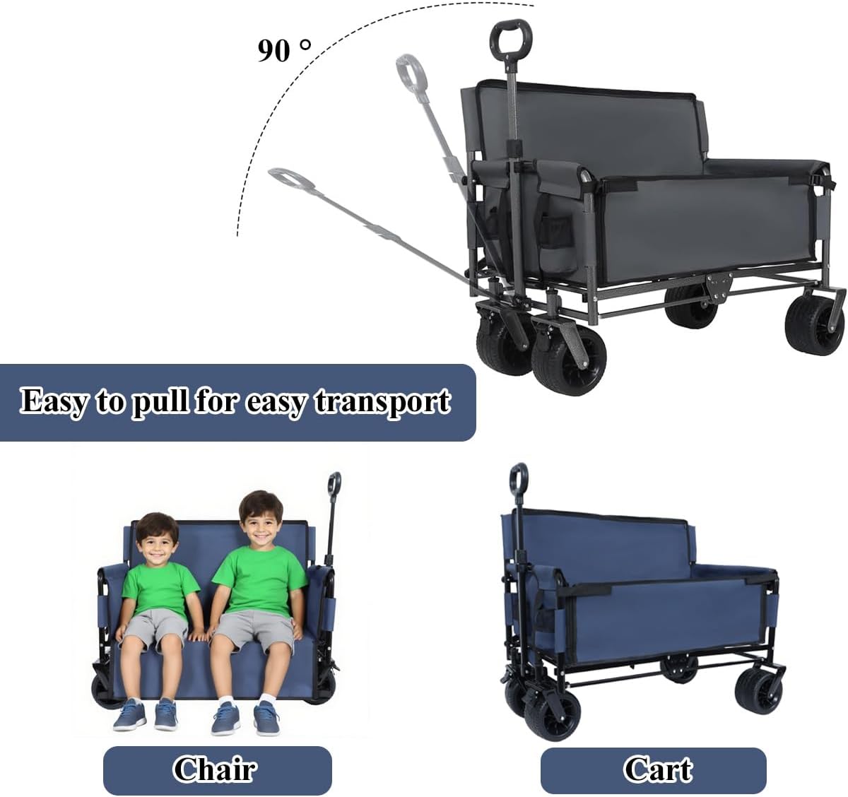 3-in-1 Folding Wagon Cart with Bench Seat & Storage, 500 Lbs Heavy-Duty Utility Lounge Wagon, All-Terrain Wheels for Camping, Beach, Sports, Garden (Blue)