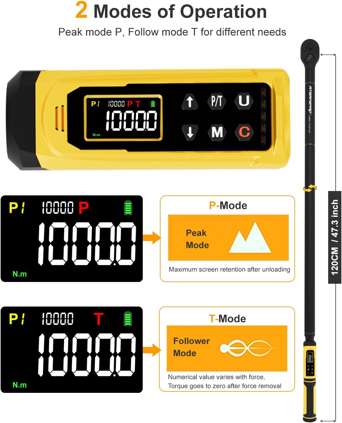 ATsafepro Digital Torque Wrench 3/4-Inch Drive, 15-1000 Nm(11-737.5 ft-lb),±2% Accuracy, Vibration/Buzzer/LED Alert,5 Units, 9 Presets & 500 Data Storage, 3/4 Torque Wrench for Truck, Heavy Machinery