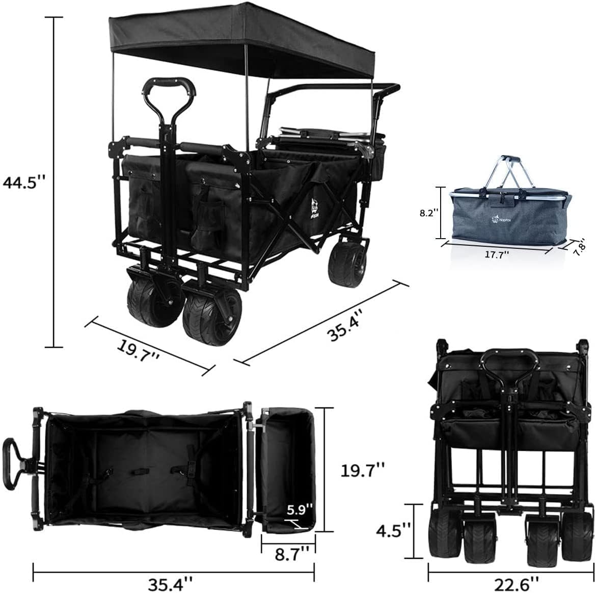 All Terrain Collapsible Wagon Cart with Big Wheels, 350 Pound Capacity Heavy Duty Enlarged Utility Folding Beach Garden Wagon Cart with Brake & Cooler Bag for Outdoor Camping Shopping