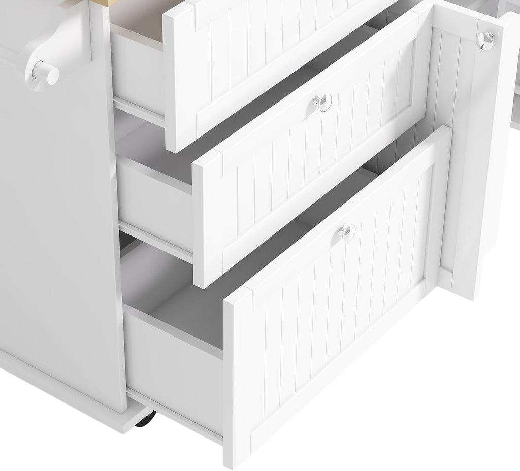 Bellemave Farmhouse Kitchen Island on Wheels with 11.8inch Drop Leaf, 2 Stools, Power Outlet,Kitchen Cart with Storage Cabinet, 2 Drawers, Door Shelves and Towel Rack(White)
