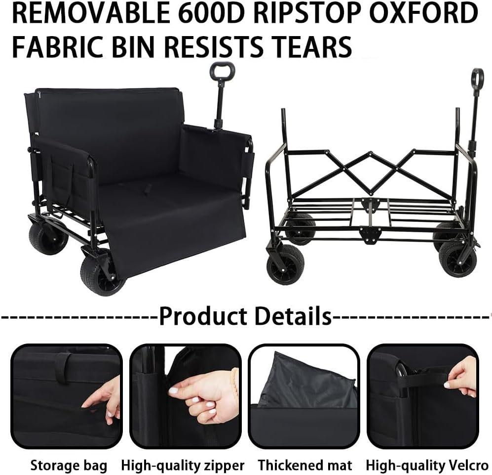 3-in-1 Convertible Folding Wagon Cart with Seat & Storage, 500lbs Heavy-Duty Utility Wagon, 180L Capacity, All-Terrain 360° Swivel Wheels for Camping, Beach, Sports, Garden (Black)
