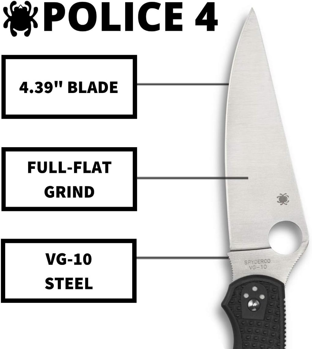 Spyderco Police 4 Lightweight Folding Pocket Knife with 4.3' VG-10 Steel Blade and FRN Handle - EDC Knife for Men and Women, Perfect for Hunting, Tactical, Camping, Survival - PlainEdge - C07PBK4
