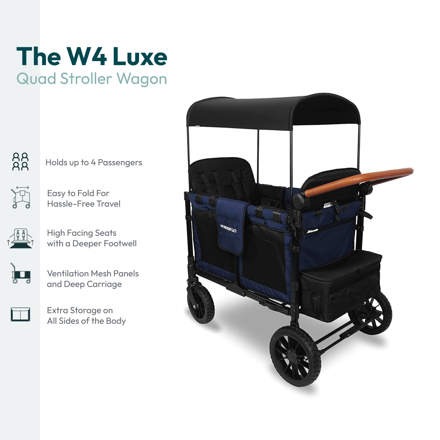 WonderFold W4 Luxe Stroller Wagon - Collapsible Stroller Wagon with Steel Frame - Adjustable Canopy & Push Handle - XL All-Terrain Wheels - for Babies, Toddlers & Kids - 4 Seater - Noble Navy