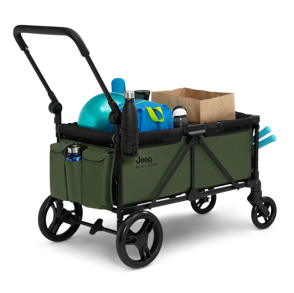 Jeep Sport Stroller Wagon by Delta Children, Black/Green | Stroller Wagon with 2 Canopies, Parent Organizer, Cup Holders, Adjustable Handlebar and Child Snack Tray