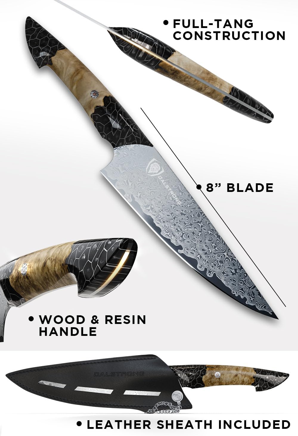 Dalstrong Chef Knife Professional- 8'-Scorpion Series - Venom Edition - Japanese Steel Chef Knife - Spiral Sandstorm Blade Pattern - Black Honeycomb Resin Handle - w/Chef Knife Leather Sheath