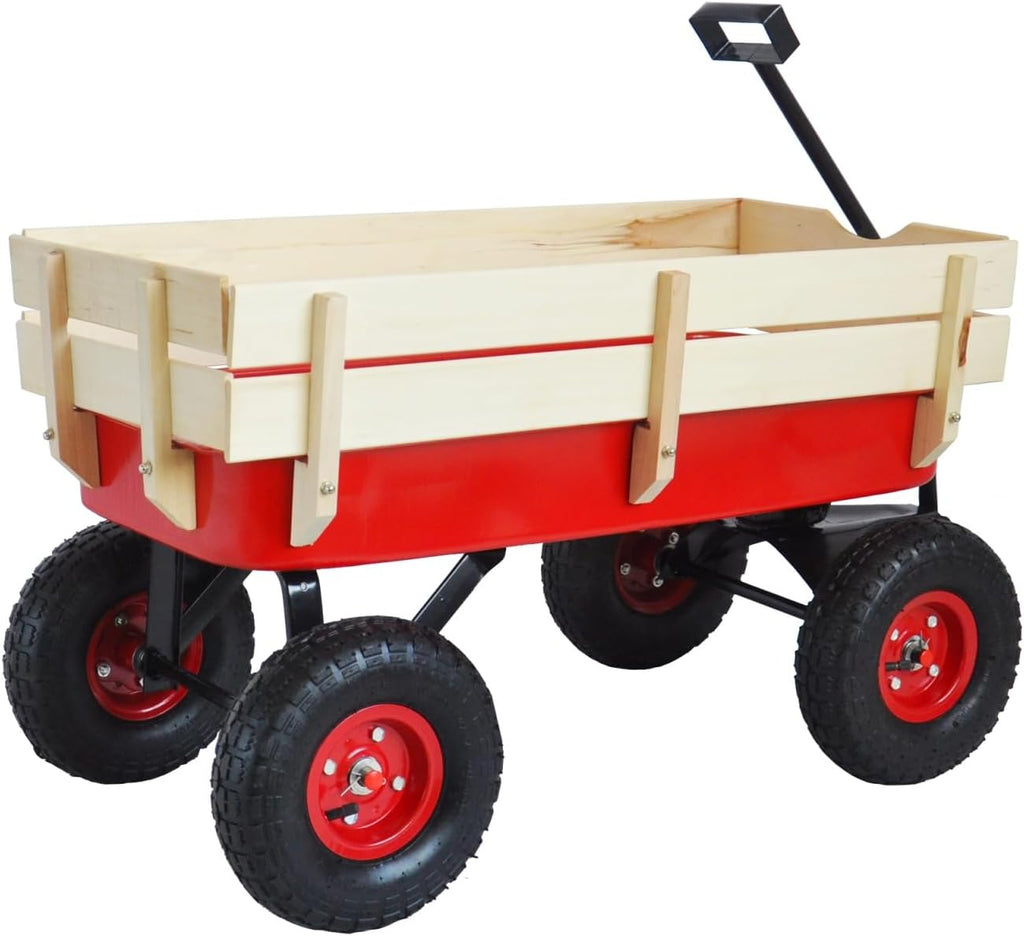 Outdoor Sport Wagon Tools cart Wooden Side Panels air Tires Wagon (red)