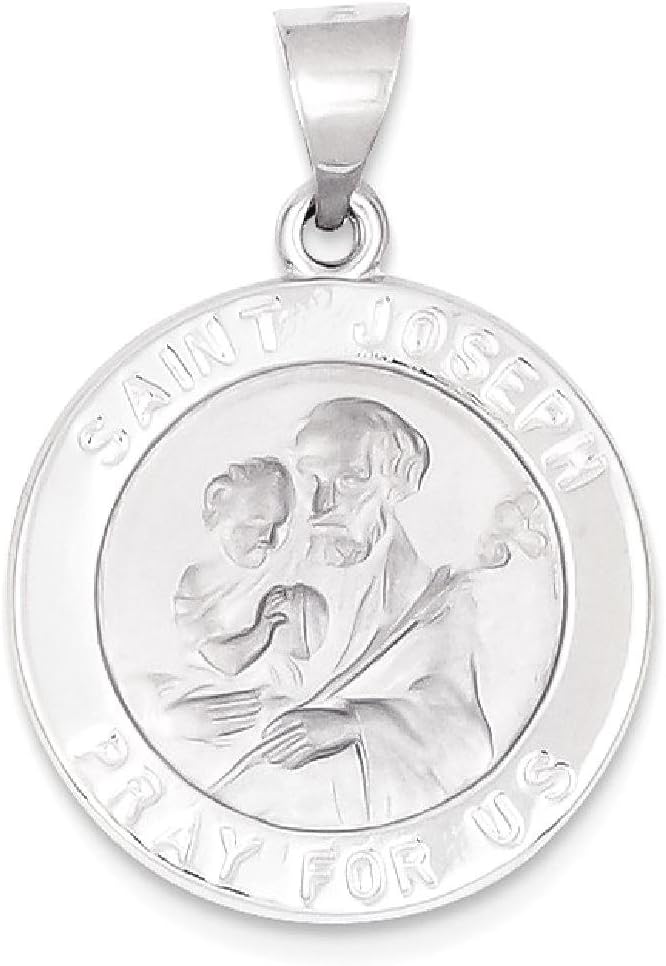 IceCarats 14K White Gold Large Saint Joseph Medal Pendant Necklace 27mm 1.1 inch Lightweight, Polished, Satin, Engravable For Her For Him