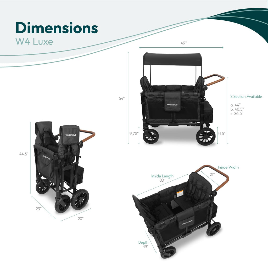 WonderFold W4 Luxe Stroller Wagon - Collapsible Stroller Wagon with Steel Frame - Adjustable Canopy & Push Handle - XL All-Terrain Wheels - for Babies, Toddlers & Kids - 4 Seater - Black