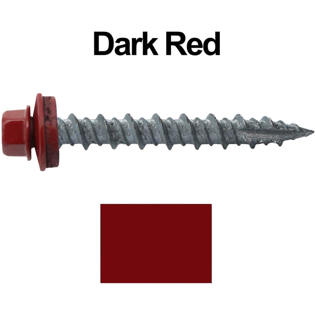 Metal Roofing Screws: (2000) 10 x 1-1/2' Dark Red Hex Head Sheet Metal Roof Screw. Self Starting Metal to Wood siding Screws. EPDM Washer. Colored Head
