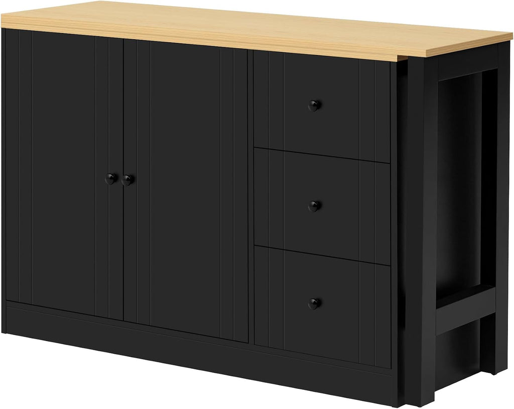 90' Extendable Freestanding Storage Cabinet, Kitchen Storage Bakers Rack with Silent Slides, Utility Food Cupboard with Adjustable Shelf for Kitchen Living Room, Black+Natural