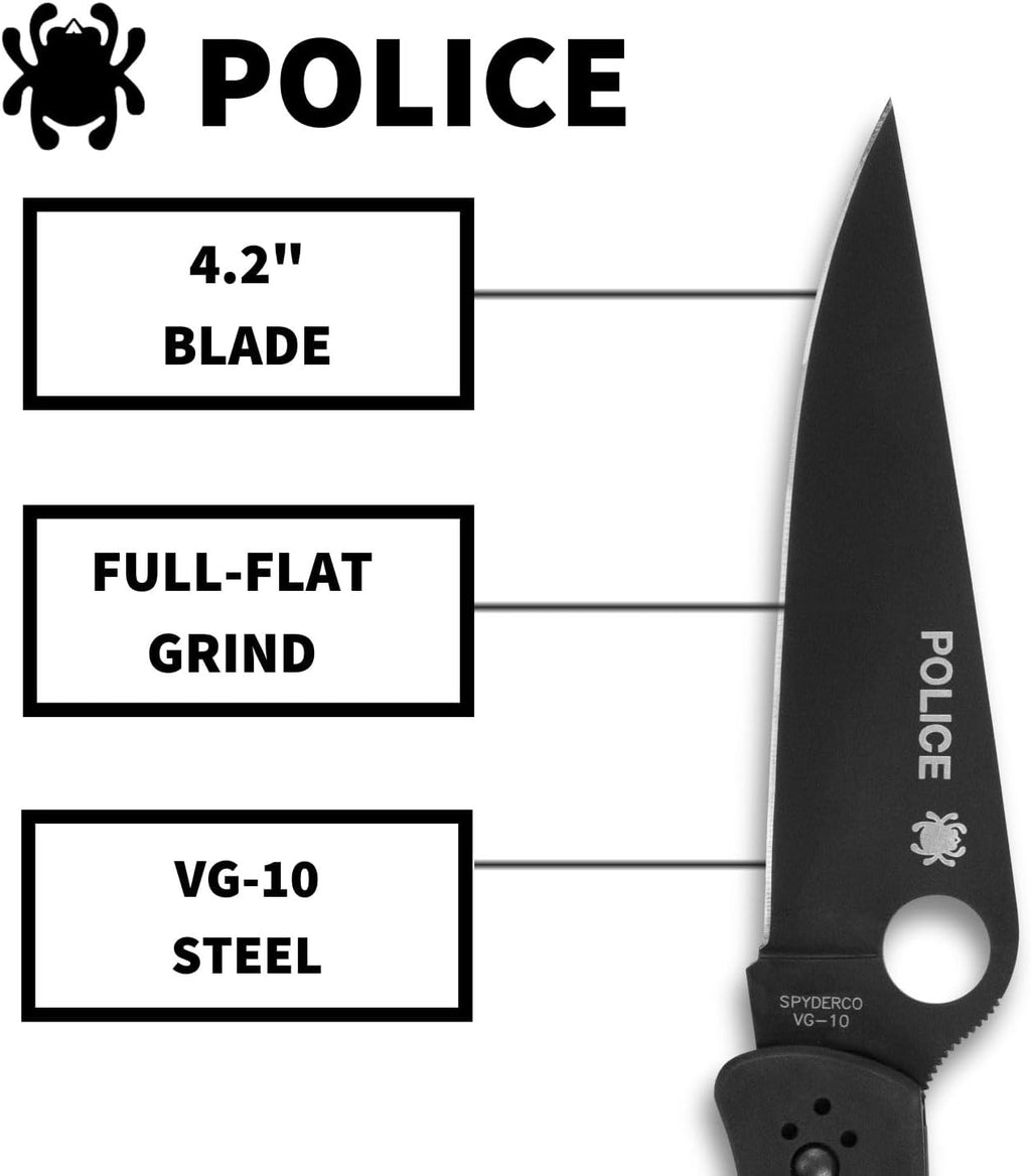 Spyderco Police Model Folding Pocket Knife with 4.2' VG-10 Steel Blade and TiCN Stainless Steel Handle - EDC Knife for Men and Women, Perfect for Hunting, Tactical, Camping - PlainEdge - C07BKP