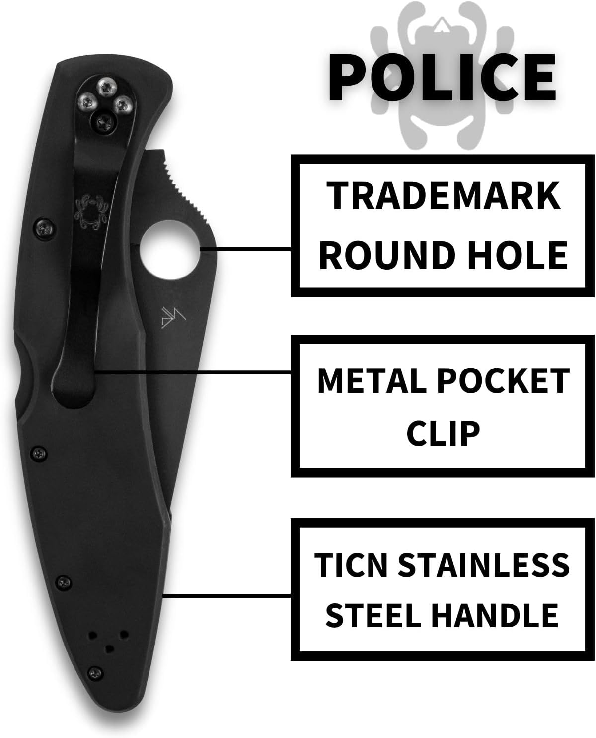 Spyderco Police Model Folding Pocket Knife with 4.2' VG-10 Steel Blade and TiCN Stainless Steel Handle - EDC Knife for Men and Women, Perfect for Hunting, Tactical, Camping - PlainEdge - C07BKP