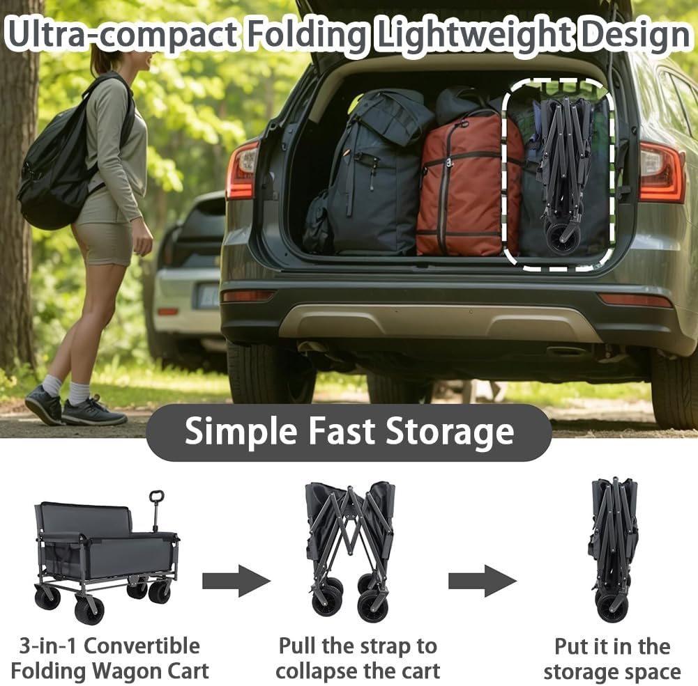 3-in-1 Convertible Folding Wagon Cart with Seat & Storage, 500lbs Heavy-Duty Utility Wagon, 180L Capacity, All-Terrain 360° Swivel Wheels for Camping, Beach, Sports, Garden (Gray)
