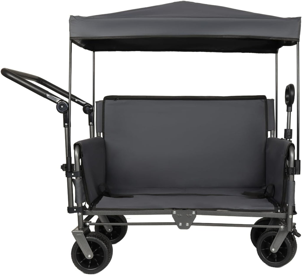 3-in-1 Folding Wagon Cart with Bench Seat & Canopy & Storage, 500lbs Heavy-Duty, 180L Capacity, All-Terrain Wagon for Camping, Beach, Sports, & Garden, Gray