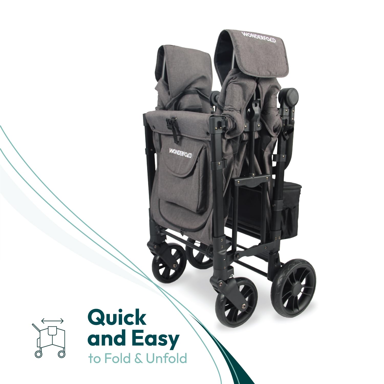 WonderFold W2 Elite Stroller Wagon - Foldable Wagon with Steel Frame - Adjustable Canopy & Push Handle - All-Terrain Wheels - for Babies, Toddlers & Kids - 2 Seater - Gray