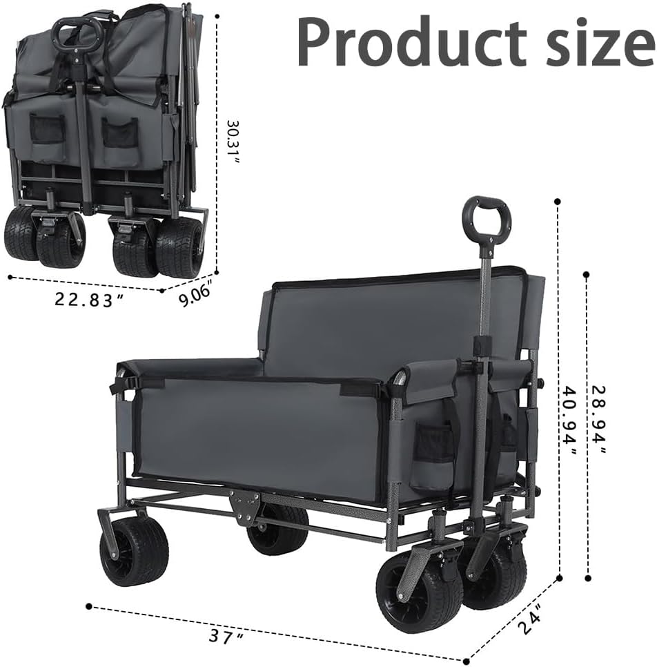 3-in-1 Convertible Folding Wagon Cart with Seat & Storage, 500lbs Heavy-Duty Utility Wagon, 180L Capacity, All-Terrain 360° Swivel Wheels for Camping, Beach, Sports, Garden (Gray)