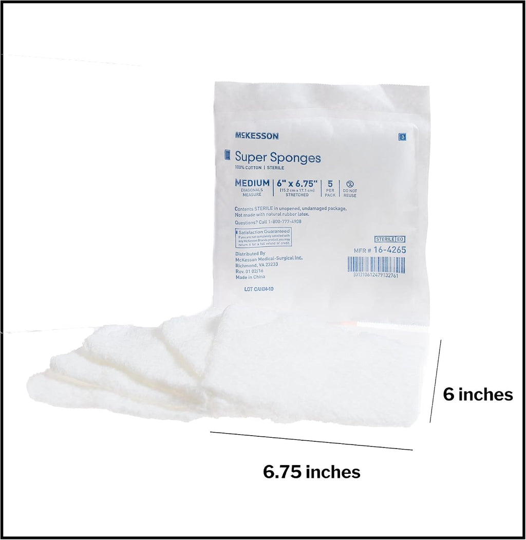 McKesson Super Sponges, Sterile, 100% Cotton, Fluff Dressing, 6 in x 6 3/4in, 5 per Pack, 90 Packs, 450 Total