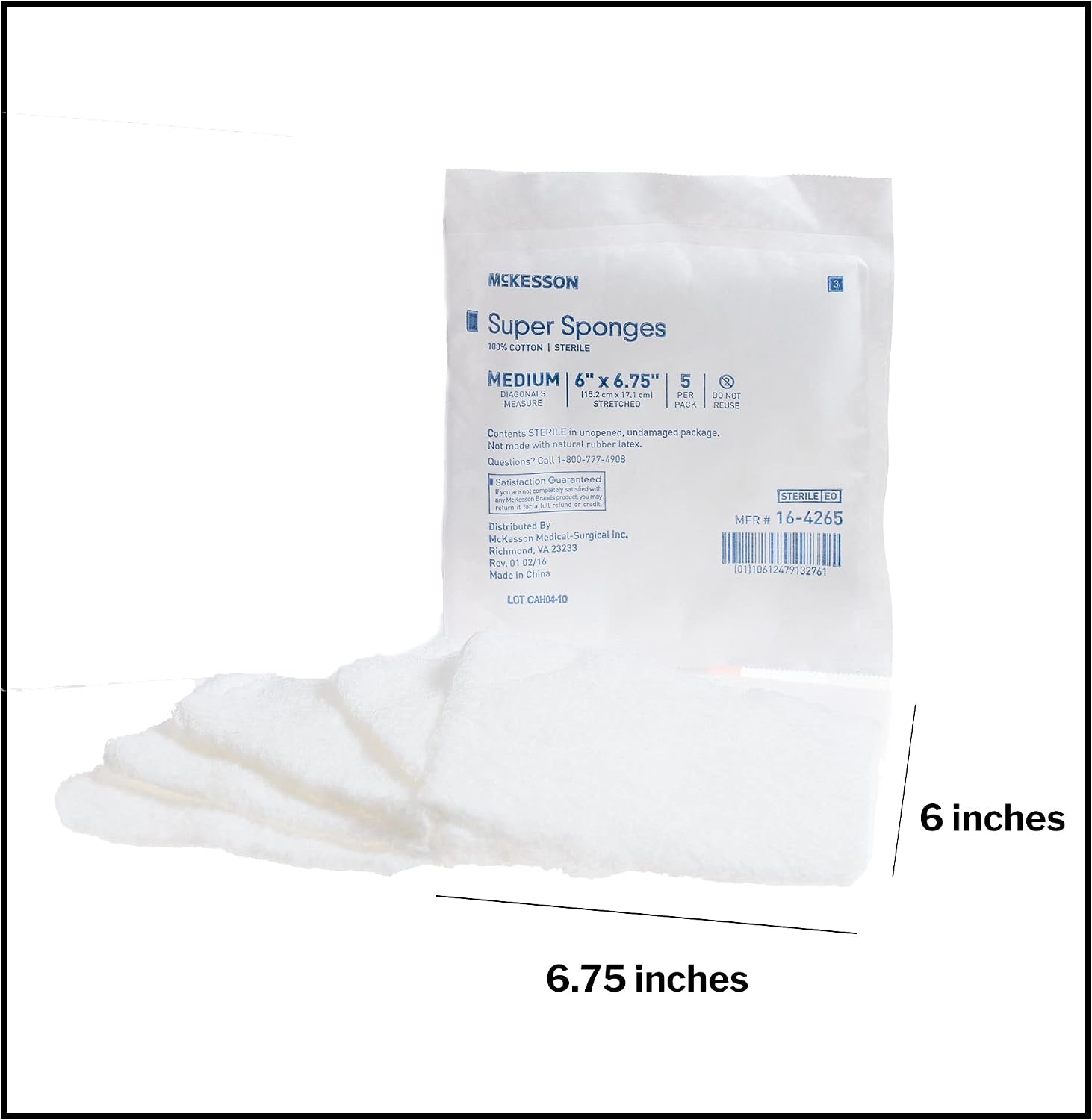 McKesson Super Sponges, Sterile, 100% Cotton, Fluff Dressing, 6 in x 6 3/4in, 5 per Pack, 90 Packs, 450 Total