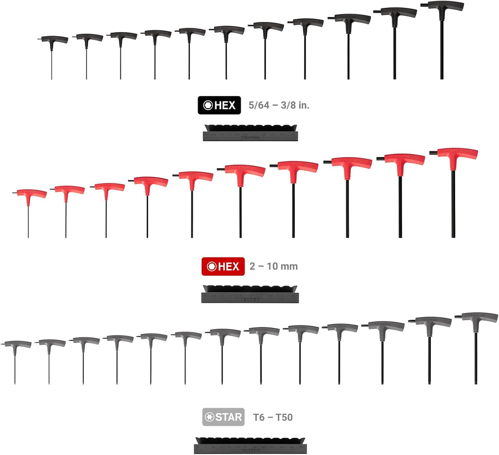TEKTON Flat End Hex and Star T-Handle Key Set with Stands, 34-Piece (5/64-3/8 in., 2-10 mm, T6 - T50) | KEY92002
