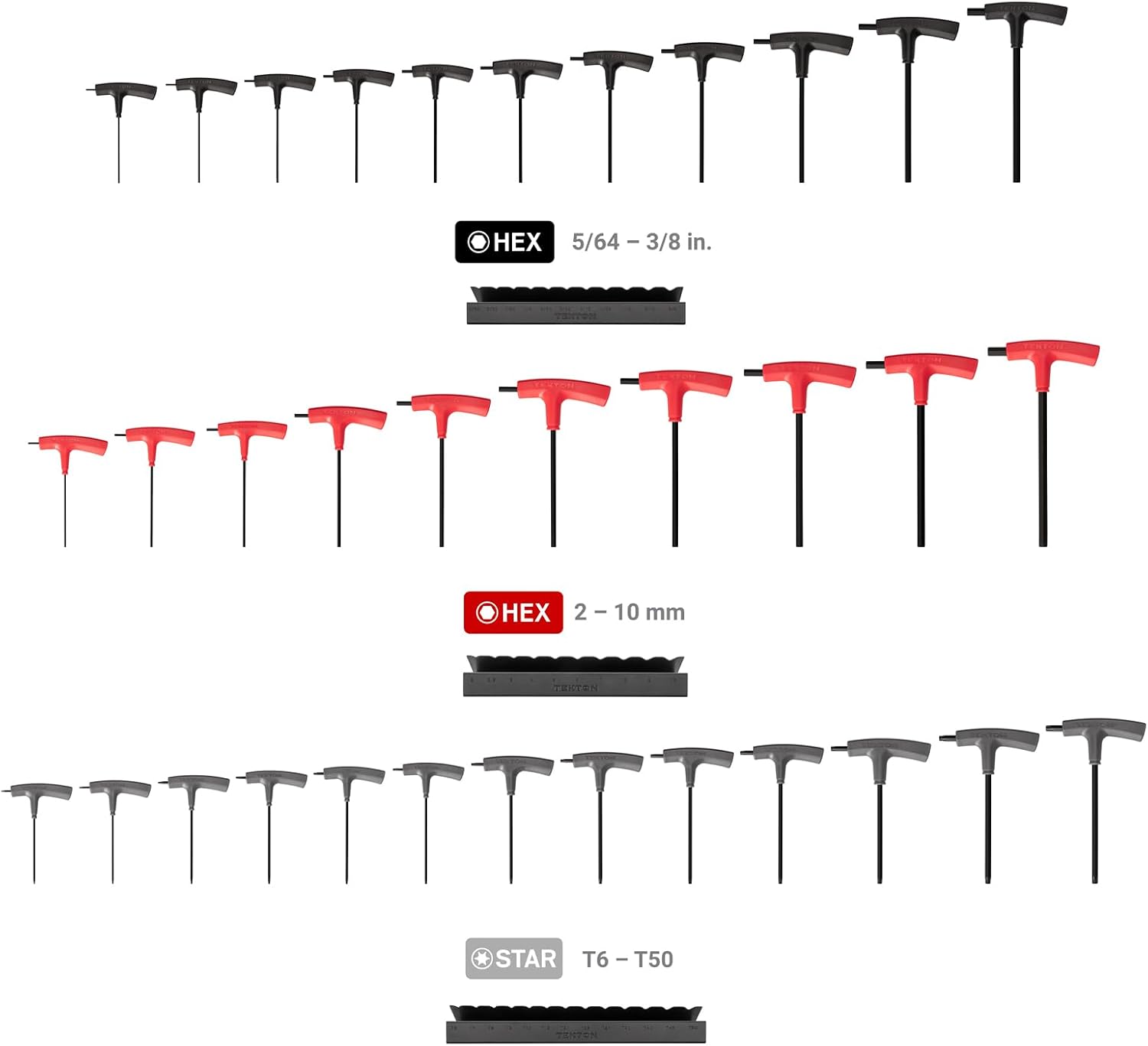 TEKTON Flat End Hex and Star T-Handle Key Set with Stands, 34-Piece (5/64-3/8 in., 2-10 mm, T6 - T50) | KEY92002