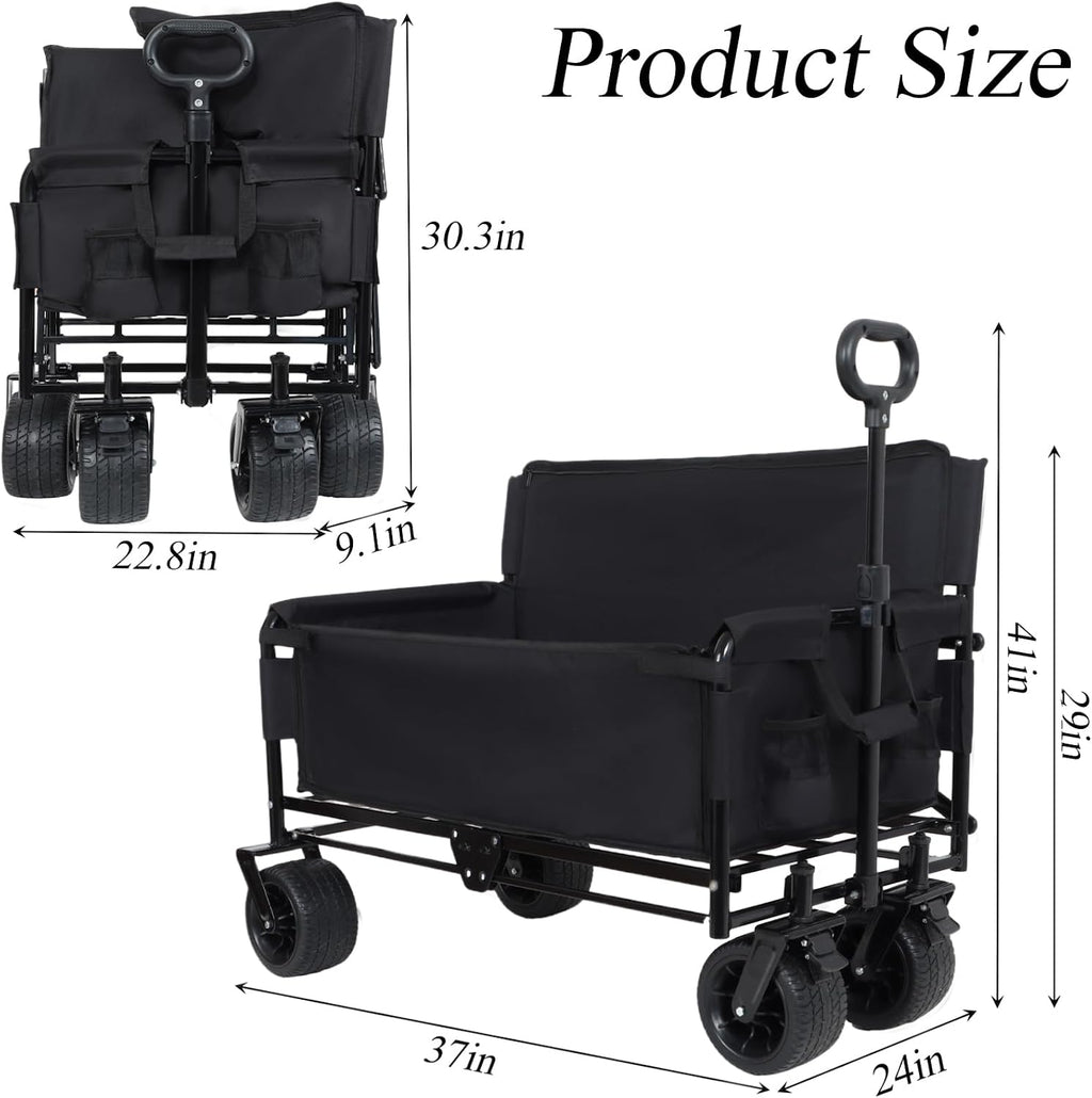 Convertible Folding Wagon Cart, 500lbs Heavy-Duty Utility Wagon with Bench Seat & Storage, 180L Capacity, All-Terrain Wheels for Camping, Beach, Sports, Garden