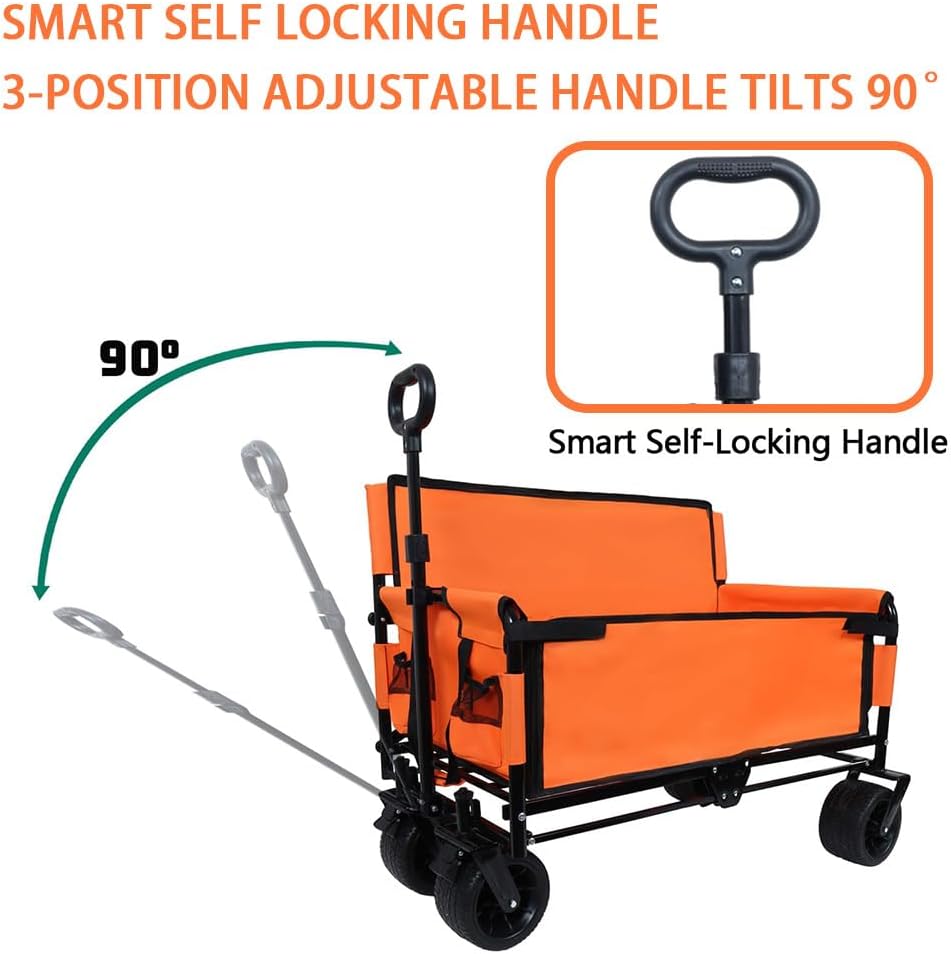 3-in-1 Convertible Folding Wagon Cart with Seat & Storage, 500lbs Heavy-Duty Utility Wagon, 180L Capacity, All-Terrain 360° Swivel Wheels for Camping, Beach, Sports, Garden (Orange)