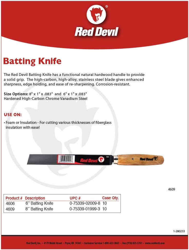 Red Devil 4609 8 Inch Batting Knife – High-Carbon Steel Blade, Durable Hardwood Handle for Precision Insulation Cutting (Pack of 10)
