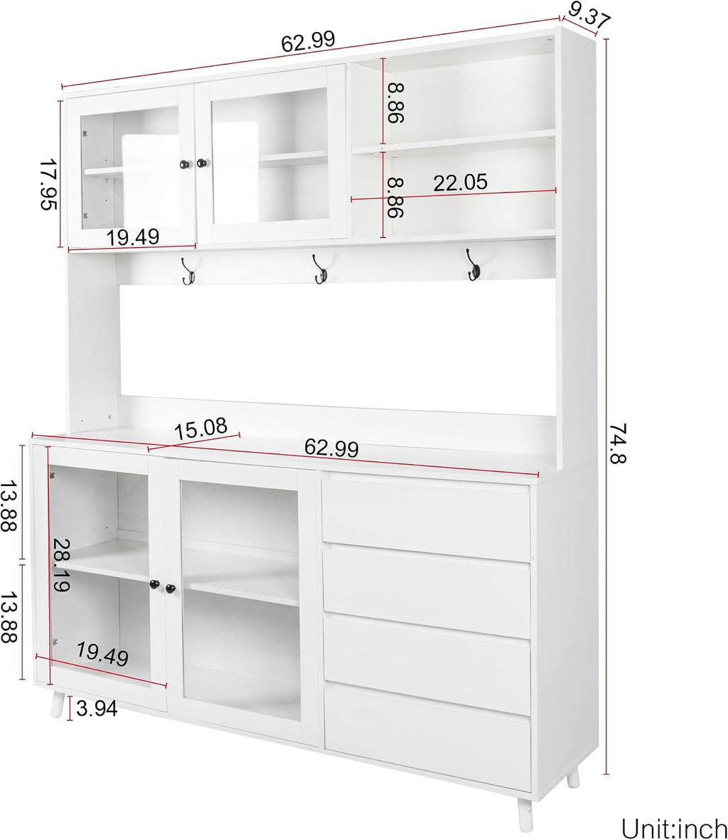 63' Kitchen Pantry Cabinet with Doors and Shelves, Bakers Rack Coffee Station with 4 Drawers and Hooks, Freestanding Storage for Kitchen Garage Office, White