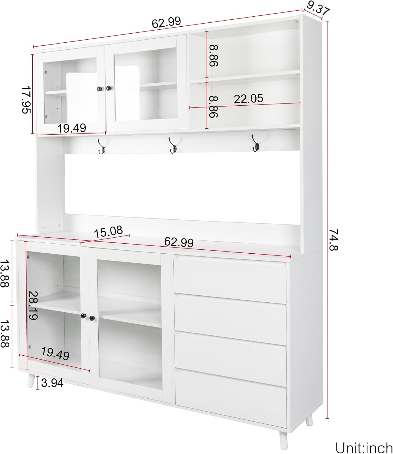 63' Kitchen Pantry Cabinet with Doors and Shelves, Bakers Rack Coffee Station with 4 Drawers and Hooks, Freestanding Storage for Kitchen Garage Office, White