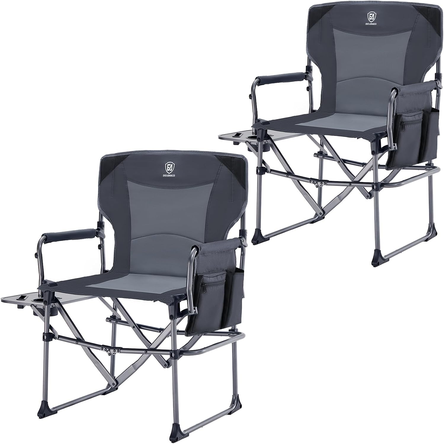 EVER ADVANCED Camping Directors' Chair with Side Table, Portable Folding Chair with Compact Size, Heavy Duty with Pocket for Camping, Lawn, Sports and Fishing, 400lbs, Gray 2 Pack